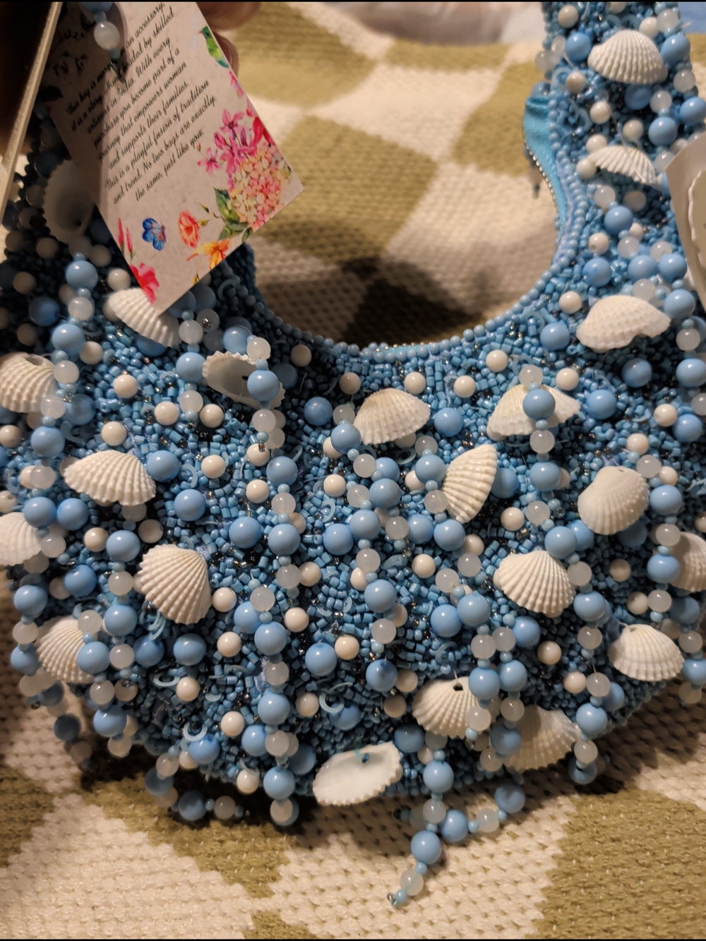 Blue Hand  Beaded Genuine Shell Handbag Satchel Nwt Handcrafted In India